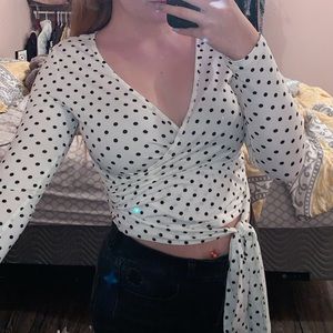 White with black polka dots, long sleeve, with tie